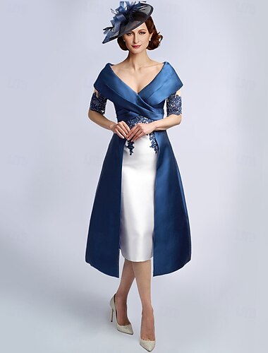  A-Line Kjole Mor til bruden Kjole Elegant Vintage V-Hals Te-lengde Sateng Halv Erme med Blonde Kryss Kolleksjon gratis tilpasset størrelse