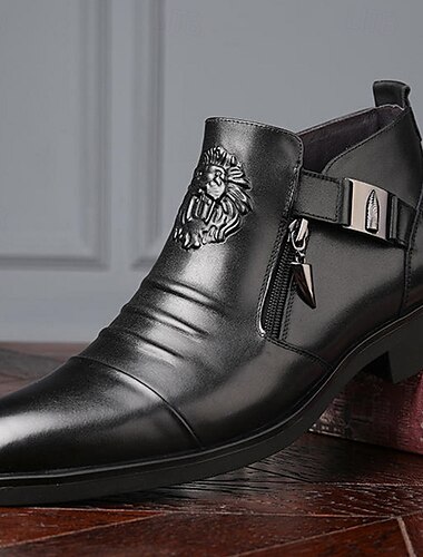  Botines negros de piel sintética para hombre con diseño en relieve de león y cremallera lateral: calzado formal de lujo para negocios y ocasiones especiales