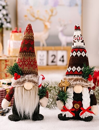  statuette di gnomi natalizi - cappello lavorato a maglia con ramo di pino e bambola Rudolph, ornamenti di gnomi senza volto, decorazioni festive per le feste