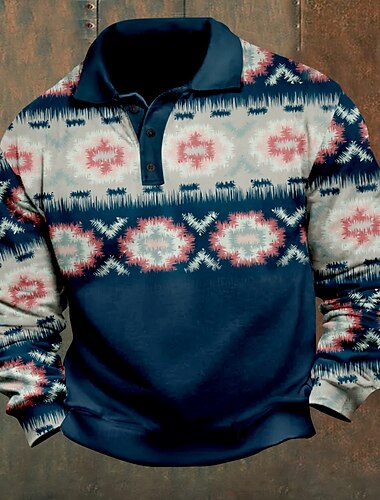  رجالي Folk قمصان البولو Pullover كم طويل قمصان البولو قبة عتيق كاجوال مناسب للبس اليومي ملابس الشارع Buttons طباعة ثلاثية الأبعاد خريف & شتاء أزرق
