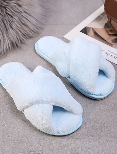  Damen-Hausschuhe mit flauschigem Kreuzband und Memory Foam, mit offener Spitze, bequem
