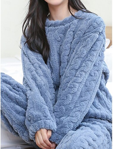  Conjunto de pijama para mujer, ropa de estar por casa, color puro, cálido y cómodo, dulce comodidad para el hogar, cálido cuello redondo, manga larga, pantalón, conjuntos de invierno para el hogar
