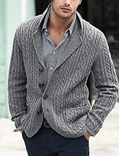  Homens Sueter Cardigan Suéter de malha Cabo Tricotar Padrão Abotoar Bolsos laterais Côr Sólida Lapela Moda Clássico Roupa Diária Encontro Roupa Outono & inverno Preto Azul M L XL