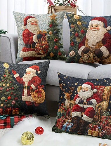  クリスマスデコレーション 装飾用クッションカバー キルティングアート サンタ 1個 ソフトスクエアクッションケース 枕カバー 寝室 リビングルーム ソファ カウチ 椅子用