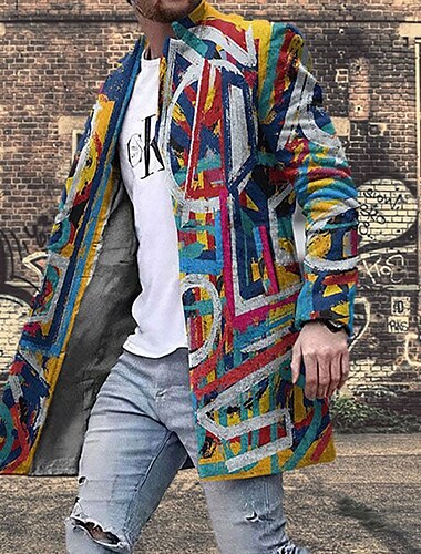  Herr Vinterkappa Rock Kappa Arbete Klä till Jobbet Håller värmen Andningsfunktion Ficka Mönster Höst vinter Färgblock Grafiska tryck Mode Streetwear Nedvikt Lång Normal Regnbåge Jacka