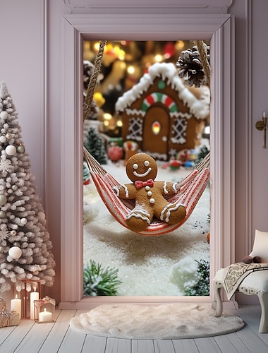  クリスマスドアデコレーション、ドアカバー、クリスマスジンジャーブレッド、スイングドアタペストリー、ドアカーテンデコレーション背景、屋内/屋外ドアバナー、玄関ドア用、農家のクリスマスホリデーパーティーデコレーション用品