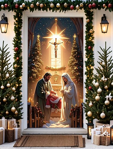  decorațiuni pentru uși de Crăciun huse pentru uși scena nașterii tapiserie pentru ușă perdeaua ușii decorare fundal banner ușă pentru ușa din față fermă vacanță de Crăciun consumabile de decor cadou