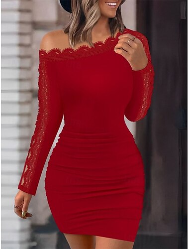  Damen Spitzenkleid Minikleid Spitze Patchwork Sexy Brautkleider schlicht Schulterfrei Langarm Schwarz Weiß Rote Farbe