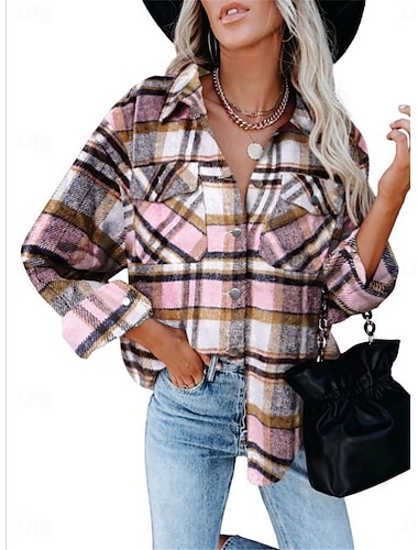  Damen Hemdjacke Shacket warm halten Atmungsaktiv Knopf Tasche Bedruckt Brautkleider schlicht Plaid Urlaub Strasse Freizeitskleidung Ausgehen Einreihiger Verschluss Standard Umlegekragen Regular Fit