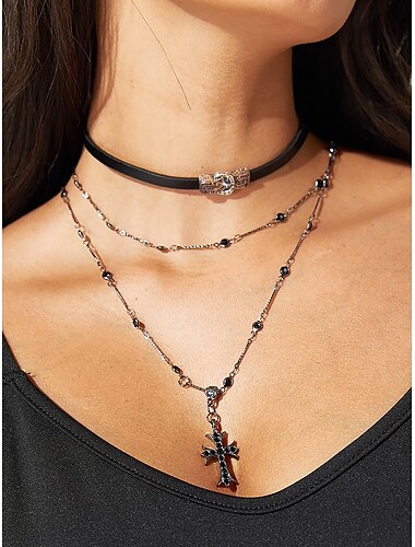 Gotický vrstvený křížový choker náhrdelník pro ženy – halloweenská bižuterie, černá kůže a design řetízku