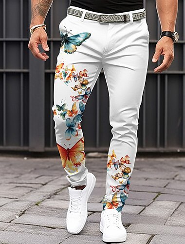  Voor heren Vlinder Pakken Medium Taille Modieus Casual Vakantie Dagelijks gebruik Vetoketju Zak Zomer Lente Herfst 3D-afdrukken Wit