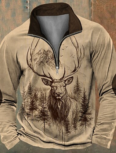  Férfi Vadászat Szarvas Pulóverek Negyed cipzáras pulóver Hosszú ujj Pulóver Állógallér Vintage Retro Western Cowboy 3D nyomtatás Vadászat Crewneck 3D nyomtatás Tél Tavasz & Ősz