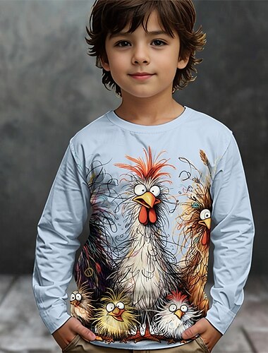  Jungen 3D Graphic Tier Küken T-Shirt Langarm Frühling Herbst Modisch Basic kinderkleidung 4-12 Jahre Rundhalsausschnitt Outdoor Casual Täglich Regular Fit