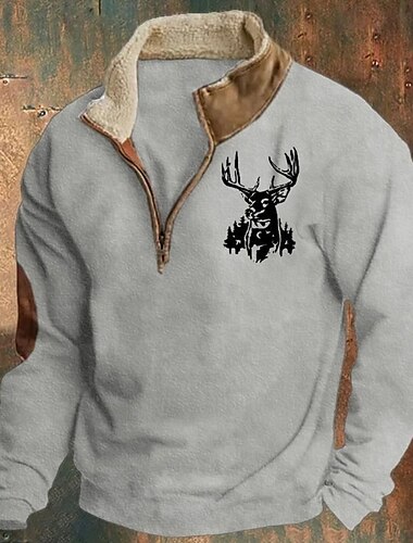  Men's Sweatshirt Quarter Zip Sweatshirt Black Brown Gray Half Zip Color Block Reindeer Patchwork Sports & Outdoor Daily Holiday Polyester Vintage Basic Casual Fall & Winter Clothing Apparel Hoodies