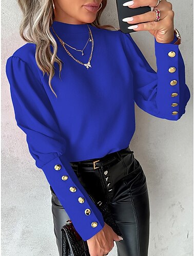  Damen Hemd Bluse Feste Farbe Elegant damas Stilvoll Langarm Stehkragen Arbeit Spitze Knopf Schwarz Weiß Rote Blau Frühling Herbst Winter