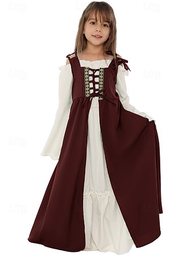  Rétro Vintage Médiéval Renaissance Robe Chemise Sur-robe Ren Faire Viking Irlandais Elfe Fille Celtique Halloween Carnaval Mardi Gras Performance Soirée LARP Enfant Robe