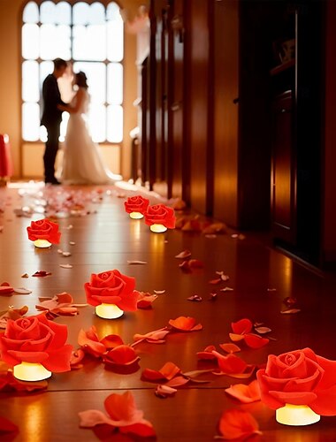  12 velas LED de té con pétalos de rosa artificiales, velas eléctricas, velas románticas sin llama, velas alimentadas por batería, decoración para fiestas de cumpleaños, bodas y San Valentín