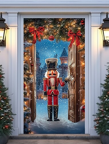  juledørdekorasjoner dørdeksler julenøtteknekker dørteppe dørgardindekorasjon bakteppe innendørs/utendørs dørbanner til inngangsdør gårdshus feriefest dekorutstyr