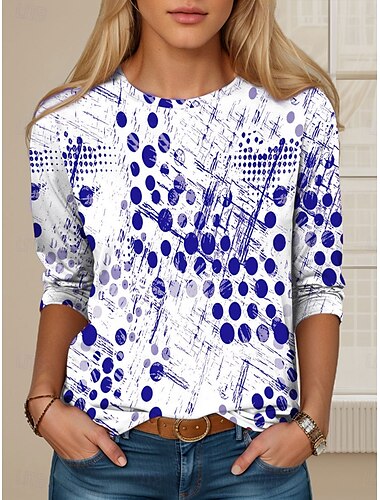  Damen T-Shirt Casual Print Langarm Normal Oberteile Rundhals Alltag Rot Blau Orange Grün Frühling Herbst