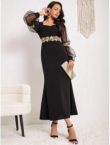  robe de soirée trapèze robe élégante mariage saint valentin longueur cheville manches longues col en V mélange de coton avec appliques 2025
