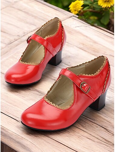  Zapatos Mary Jane de piel sintética con tacón de bloque y ribete festoneado para mujer, de color rojo: estilo retro para looks de inspiración vintage y ocasiones especiales