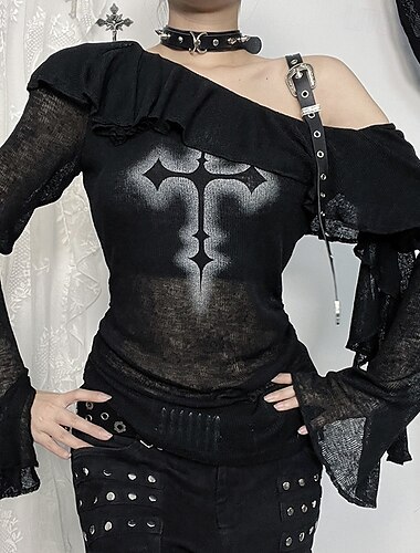  Punk & Gothique Haut en maille transparente Fille gothique Épaules Dénudées Croix Femmes Halloween Carnaval Adulte Haut