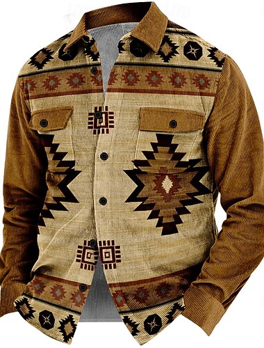  Per uomo Etnico Cowboy Camicia di velluto a coste Giacca da camicia Sovracamicia Manica lunga Vintage Tribale Esterno Da giorno Autunno inverno Collo ripiegabile Camicie con colletto Bottoni Stampa