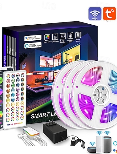 20m 65ft rgb סטריפ אורות tuya wifi smart 5050 bluetooth שליטה מוסיקה קולית 40 מפתח מרחוק שלט אפליקציה אלכסה סלון חדר שינה קישוט 5m/10m/15m/20m