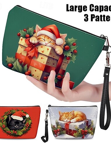  kvinners julekattetrykk armbåndsveske med gaveeskedesign, dameveske med ferietema for festlige anledninger