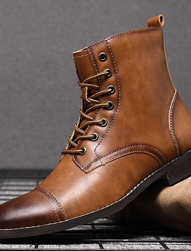  bottes militaires en similicuir marron clair pour hommes avec un design à lacets durable - bottes d'extérieur et de travail élégantes"