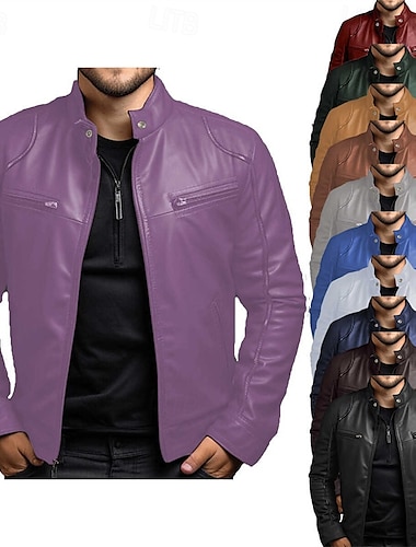  Voor heren Jas van imitatieleer Overgangsjack Bikerjack Rood leren jack Vakantie Dagelijks Winddicht Houd Warm Zak Herfst winter Effen Modieus Klassiek Opstaand Normaal Imitatieleer Zwart Wit Wijn