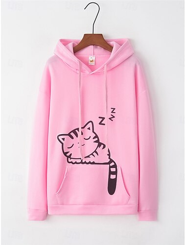  Damen Kapuzenpullover Sweatshirt Casual Cat Street Alltagskleidung Kapuzenpullover Pocket Print Langarm Schwarz Rosa Wein Grau Herbst Winter