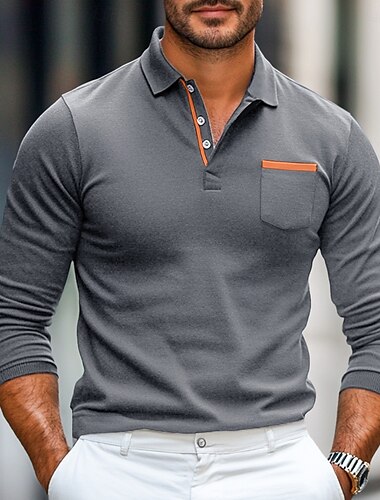  Herren Poloshirt Golfpolo Strasse Geschäft Umlegekragen Gerippter Polokragen Langarm Modisch Basic Feste Farbe Patchwork Tasche Herbst Winter Jahreszeiten Regular Fit Armee-Grün Schwarz Marinenblau