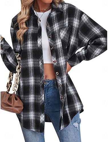  Damen Hemdjacke Shacket warm halten Atmungsaktiv Knopf Tasche Bedruckt Brautkleider schlicht Plaid Urlaub Strasse Freizeitskleidung Ausgehen Einreihiger Verschluss Standard Umlegekragen Regular Fit