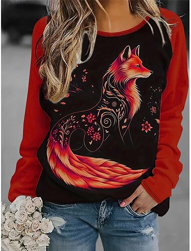  t-shirt femme décontracté imprimé manches longues hauts longs col ras du cou quotidien rouge gris printemps&amp;  automne
