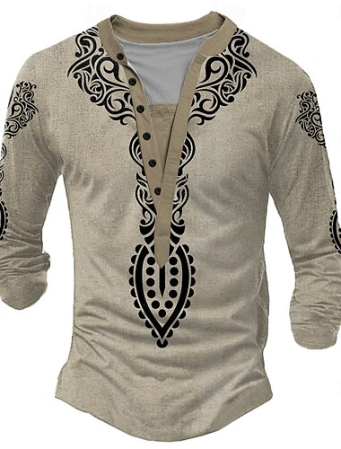  Homme Folk Chemise Henley manche longue 3D effet Ethnique Tribal Occasionnel Fête Hiver Printemps & Automne Jaune Gris Henley T-shirt Henley