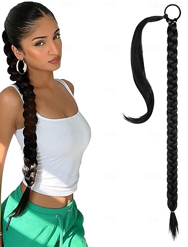  Long Braided Ponytail Extension with Hair Tie Straight Wrap Around Hair Extensions Ponytail Natural Soft Synthetic Hair Piece for Women Daily Wear 34 Inch