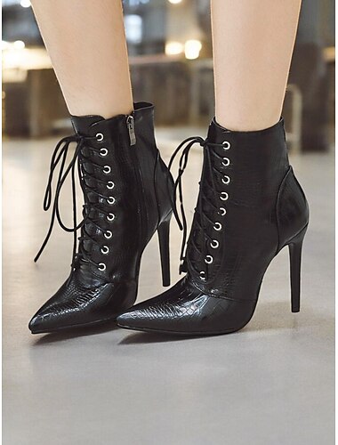  rote Stiefeletten mit Krokoprägung und Schnürung im Stiletto-Stil – sexy Damenstiefel mit hohem Absatz und spitzer Spitze für Party und Abendgarderobe