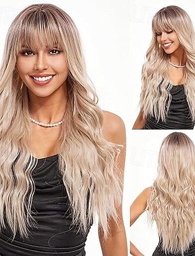  peruca longa com franja perucas onduladas para mulheres peruca de cabelo sintético para uso diário em festas