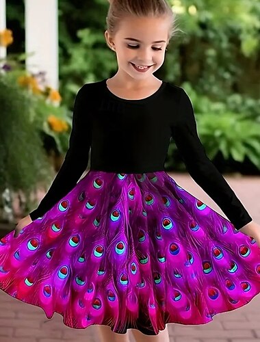  Mädchen' 3D Graphic Pfau Kleid Langarm Sommer Frühling Urlaub Täglich Festtage Prinzessin Schön Süß kinderkleidung 4-12 Jahre Casual kleid A Linie Kleid Knielang Regular Fit