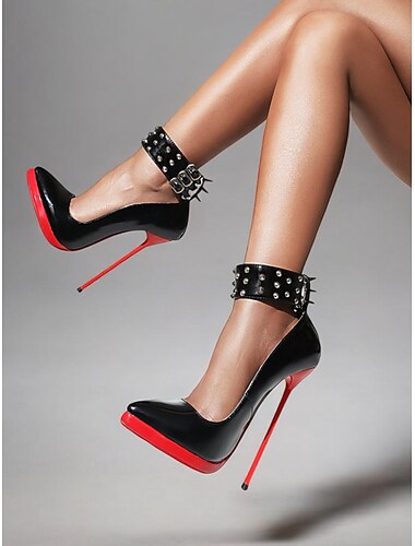  talons aiguilles à plateforme en cuir verni noir pour femmes avec semelle rouge, brides à clous et pointes à la cheville, talons hauts sexy pour les soirées, les fêtes et les tenues de club