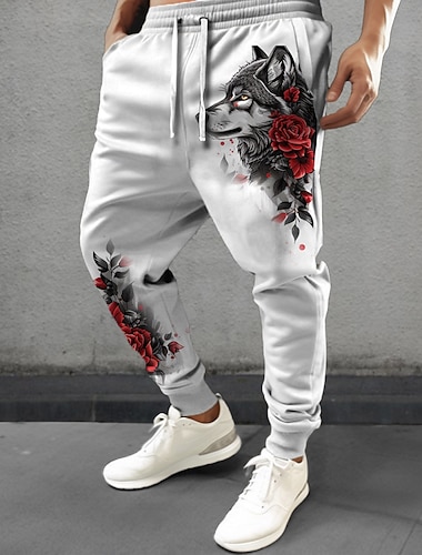  Voor heren Wolf roze Joggingbroeken Jogger Broeken Medium Taille Trekkoord elastische taille Modieus Casual Feestavondkleding Dagelijks gebruik Zak Lente Herfst Winter 3D-afdrukken Wit Beige