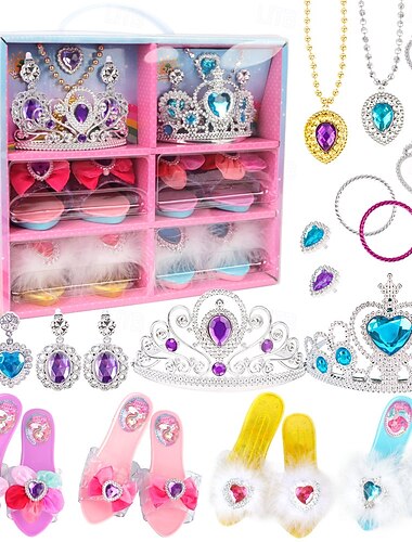  Princess Dress-Up Shoes, Slippers, Necklace, and Earrings Set - Girls' Birthday Gift, Family Play, Pretend Toy Jewelry Box - Perfect for Imaginative Play and Creative Expression