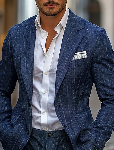  Herren Blazerjacke Outdoor Lässig Ohne Futter Klassisch & Zeitlos Schick & Modern Frühling & Herbst 100% Leinen Vertikale Streifen Künsterlischer Stil Klassicher Stil Einreihig Ein-Knopf Blazer