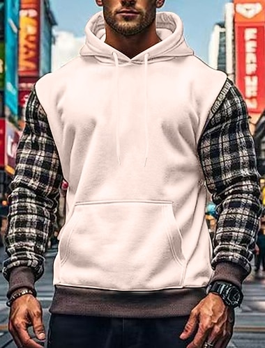  Per uomo Felpa con cappuccio Felpa Khaki chiaro. Marrone Cachi Con cappuccio A quadri Collage Tasca frontale Sportivo Giornaliero Per eventi Streetwear Essenziale Informale Primavera & Autunno