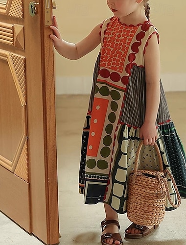  Tyttöjen 3D Geometrinen Mekko Hihaton Kesä Loma Päivittäin Pyhäpäivä Kaunis Makea Lapset 4-12 vuotta Rento mekko Toppimekko Maxi Normaali