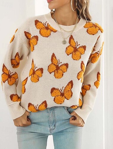  Damen Pullover Modisch Kuschelig Strassenmode Graphic Bedruckt Rundhalsausschnitt Strick Langarm Normale Oberteile Stricken Arbeit Wochenende Blau Orange Herbst Winter