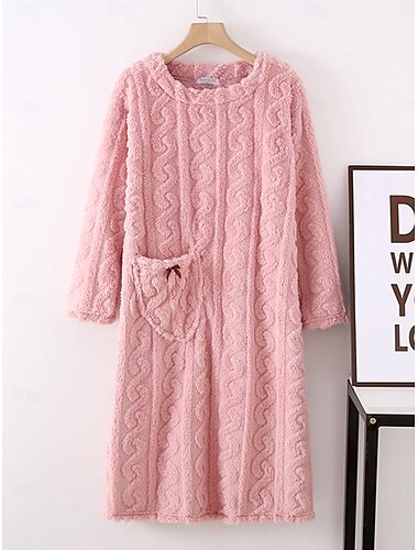  Damen-Schlafanzug-Nachthemd, reine Farbe, schlichter Komfort, bequemes Home-Fleece, Rundhalsausschnitt, Frühlings-/Herbst-Home-Outfits