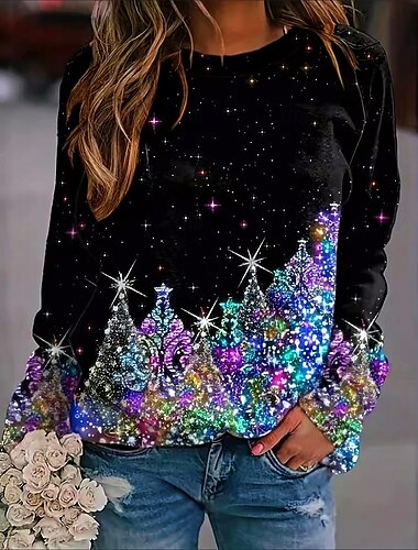  moletom feminino manga longa lantejoulas desenho de árvore brilhante festivo preto top inverno casual festa de férias desgaste