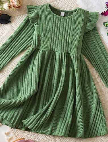  Mädchen' 3D Feste Farbe Kleid Langarm Sommer Urlaub Täglich Festtage Schön Süß Kleine Kinder (4-7 Jahre) 4-7 Jahre strickkleid Casual kleid Knielang Regular Fit